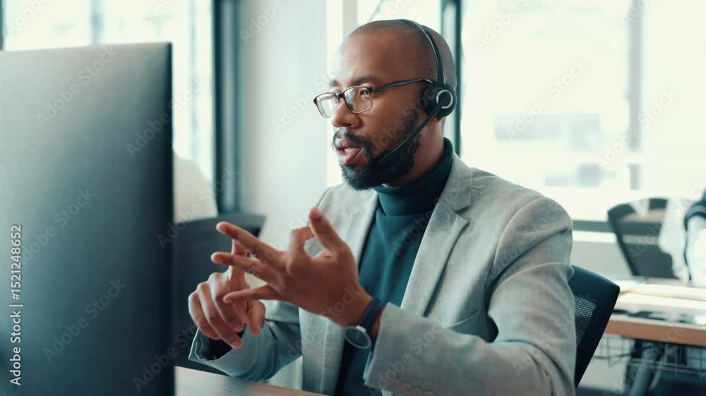 Poster Call center, talking and man with computer in office for communication, contact us and support. Professional, corporate and business person speaking for online help, consulting and customer service