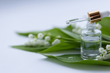 Glass bottle of lily of the valley essential oil with fresh flowers. Closeup