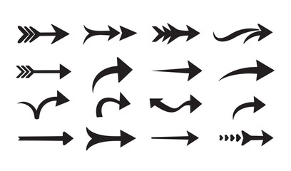 Collection of black silhouette arrow designs pointing towards directional symbols and navigation icons