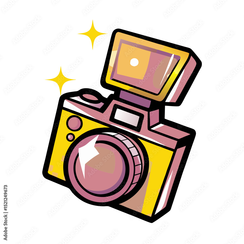 Poster colorful vector image of camera with flash in pop art style, transparent background