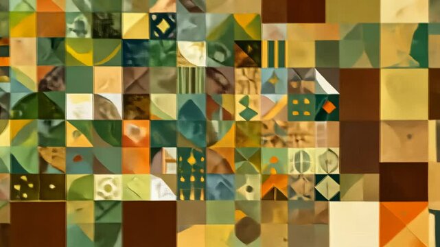 Abstract patchwork of squares with earthy geometric patterns and shapes