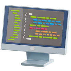 Computer laptop and program code development, coding screen. IT technologies, website programming, project data programming, software engineering concept. 3d vector icon. Cartoon minimal style.