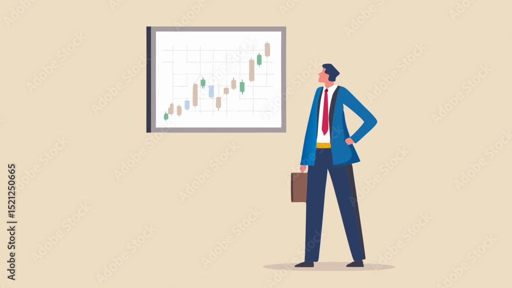 Poster man in suit looking at stock market chart on wall with briefcase in hand analyzing the data shown