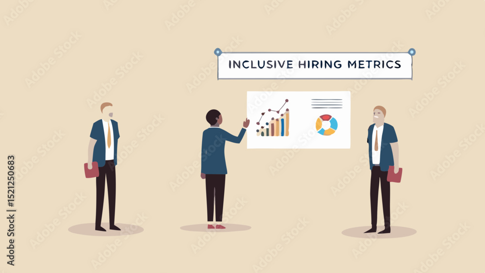 Poster three people stand near a chart with inclusive hiring metrics and a pie chart shown on it