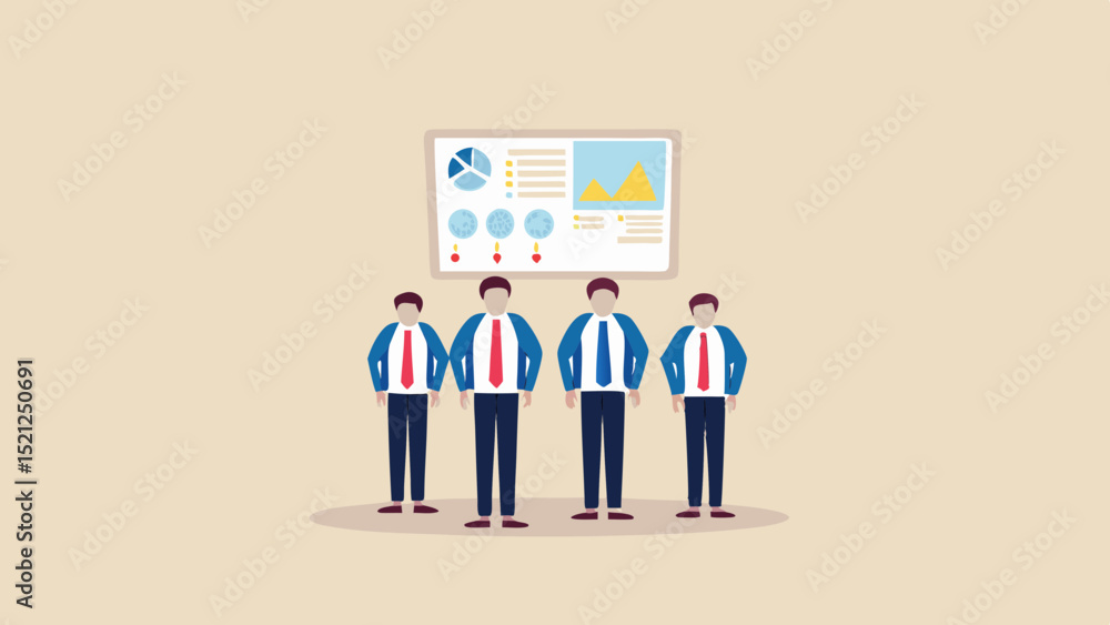 Poster four businessmen in suits standing in front of a presentation screen with charts and graphs shown