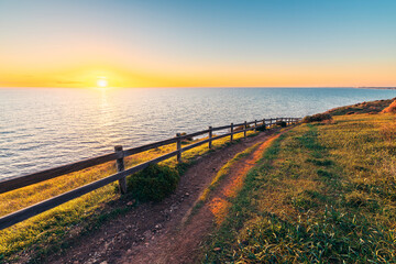 Hallett Cove Conservation Park Coastal trail with ocean views at sunset, South Australia