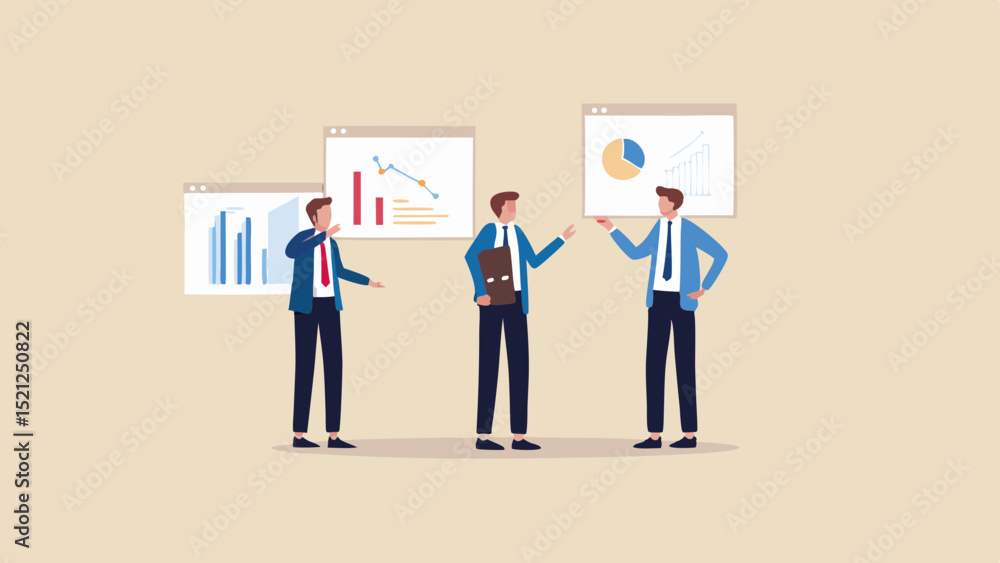Poster three business people discussing financial data presented in charts and graphs on screens behind the