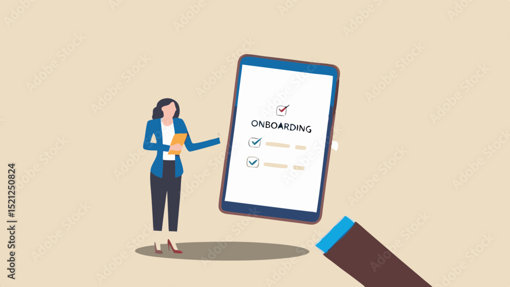 Poster woman in business attire presenting onboarding checklist on a large mobile device screen display