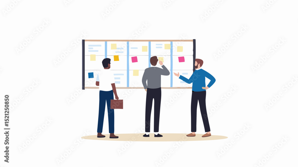 Poster three people discussing ideas in front of a whiteboard with sticky notes attached to it clearly visi