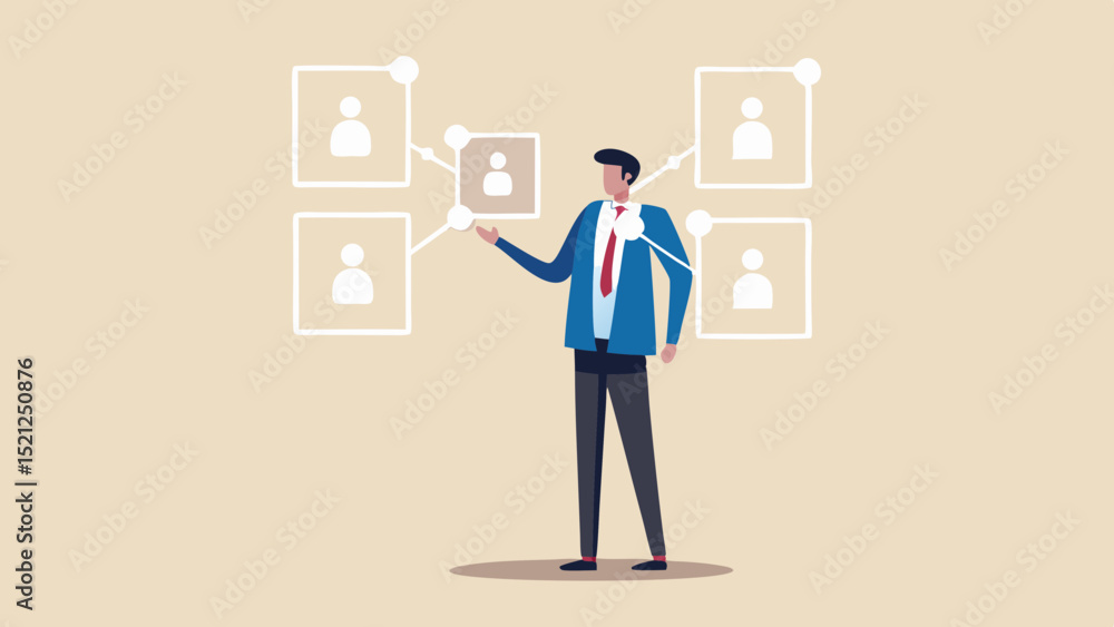 Aufkleber man in suit presenting a network of people icons connected by lines on a beige background design