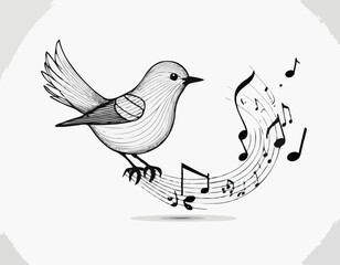 Stylized Songbird Line Drawing, Musical Notes Floating, Perfect for Music Lovers