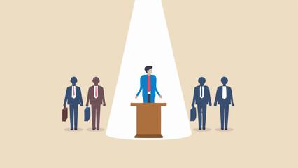 Man in spotlight giving a speech to a group of business people in suits and ties on a tan background