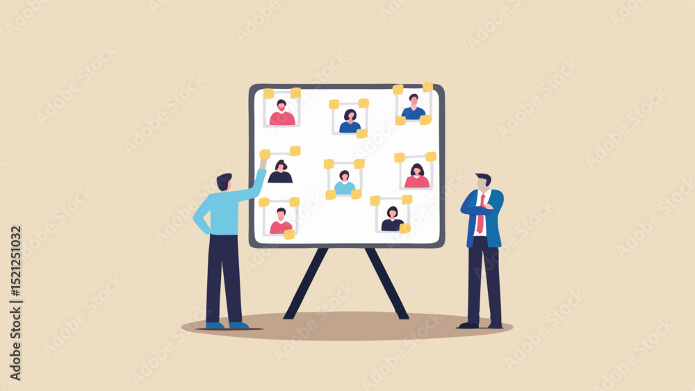 Poster two people standing by a whiteboard with faces attached using yellow sticky notes in a presentation 