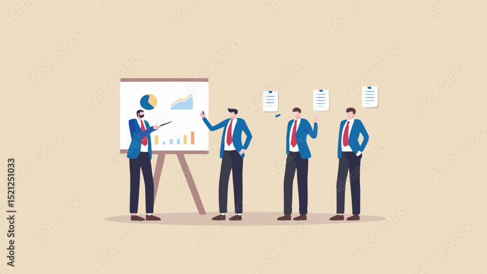Poster presentation of business growth with a man pointing at a graph and three men standing by in suits