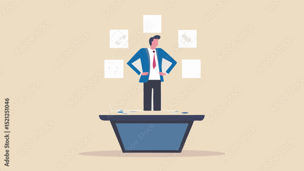 Poster man in suit standing behind a blue desk with white squares floating in the background in a flat desi