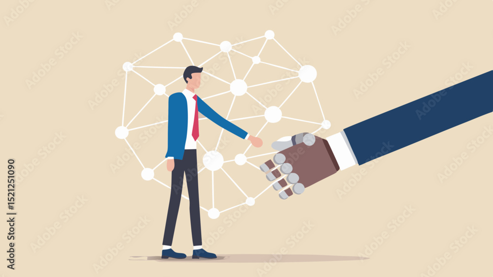 Poster man reaching towards robotic hand in front of a network diagram on a neutral background scene art