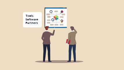 Fototapeta premium Two men discussing a diagram on a screen with icons and a hexagon in a beige colored background