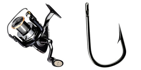 PNG sleek spinning fishing reel rests beside a curved black fishing hook on a transparent background.