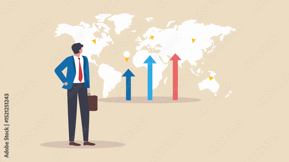 Poster businessman with briefcase looking at world map with upward trending arrows displayed on it exactly