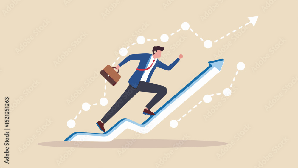 Poster businessman running up an arrow graph with a briefcase and a rising dotted line in the background