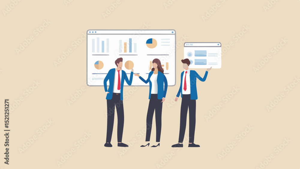 Poster team of business professionals discussing data charts and graphs in a meeting environment setting