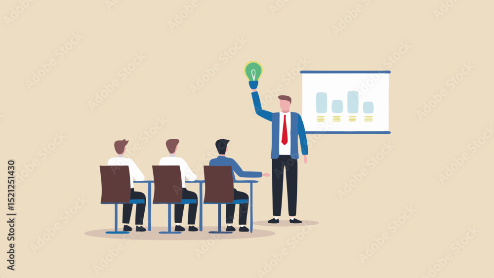Aufkleber man presenting with a light bulb to an audience and a chart in the background in a meeting room