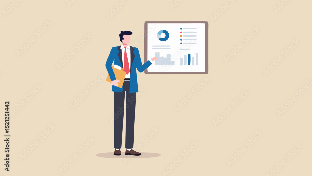 Poster a man in a suit presenting a board with charts and graphs during a business presentation scene