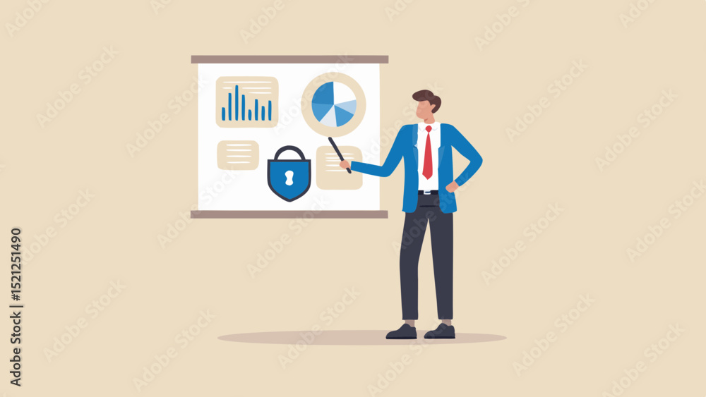 Poster presentation of business data with security lock and pie chart by a man in a suit and tie is shown