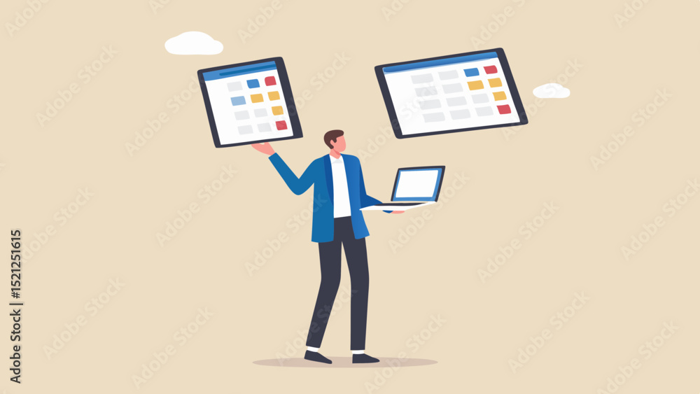 Aufkleber man balancing calendars and laptop representing multitasking and time management skills with cloud e