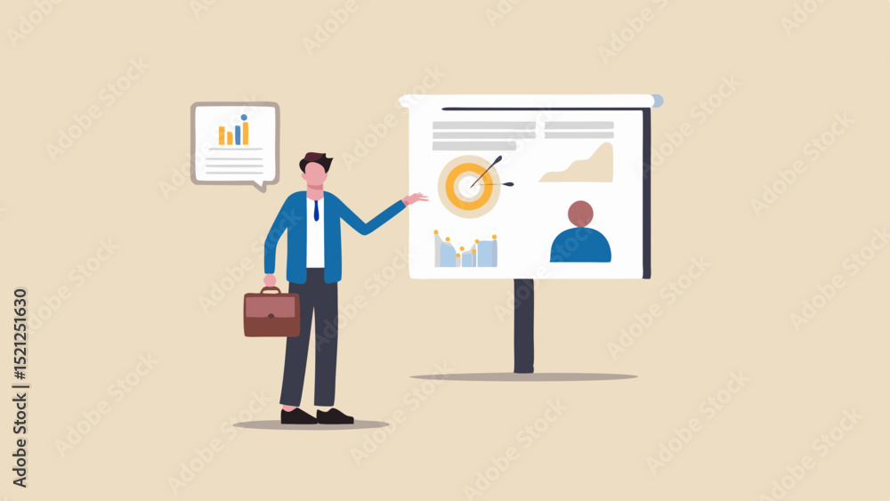 Poster man presenting business data on a whiteboard with charts and graphs holding a briefcase in his hand
