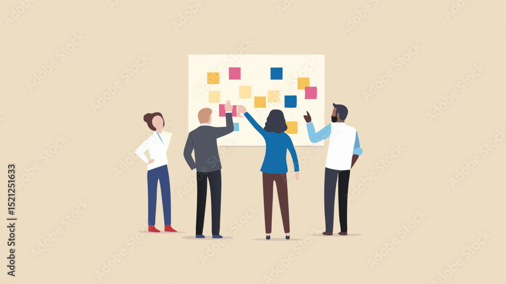 Poster people collaborating on a project with sticky notes on a board in a business meeting setting