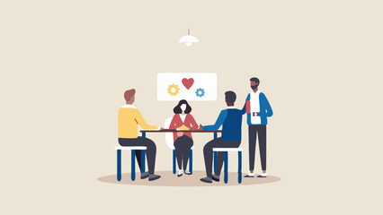 Group of people sitting at a table with a whiteboard showing heart and gears icon design set up for meeting