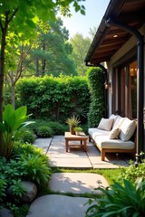 Serene patio garden oasis with lush greenery, stone pathway, and comfortable seating area, perfect for relaxation and outdoor entertaining , plants, relaxation, tranquil