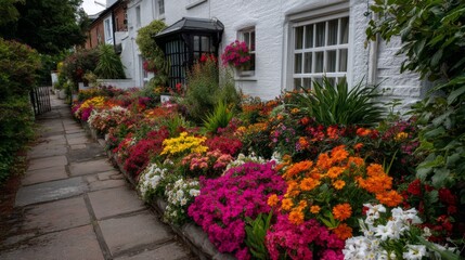 Vibrant Flower Garden Bordering Charming White House with Bricked Pathway in a Sunny Neighborhood Setting