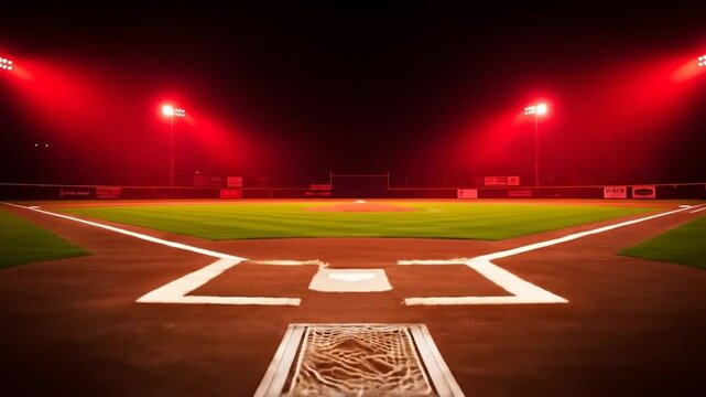 Red Lit Baseball Field At Night