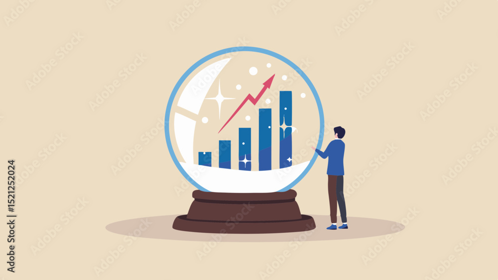 Poster man looking at a snow globe with a bar graph and arrow inside indicating financial growth and succes