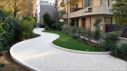 Serene Curved Pathway Through Modern Urban Landscape Surrounded by Lush Greenery and Contemporary Architecture