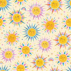 Lovely hand drawn seamless pattern with cute suns, smiley faces, summer design, great for banners, textiles, wallpapers, wrapping, surface design - vector