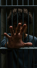 Person behind bars with hand outstretched, prison system and justice concept