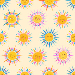 Lovely hand drawn seamless pattern with cute suns, smiley faces, summer design, great for banners, textiles, wallpapers, wrapping, surface design - vector