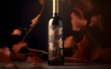 Elegant wine bottle with leaves