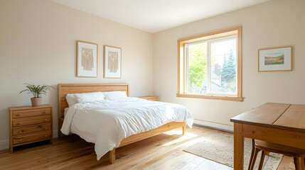 Fototapeta premium Modern Bedroom Interior With Natural Wooden Furniture
