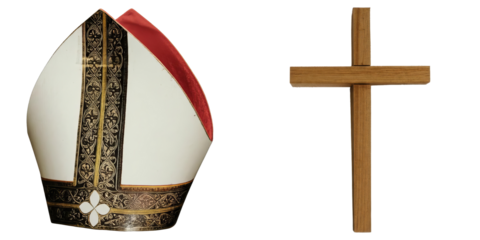 PNG white mitre and a wooden cross stand together on a transparent background.