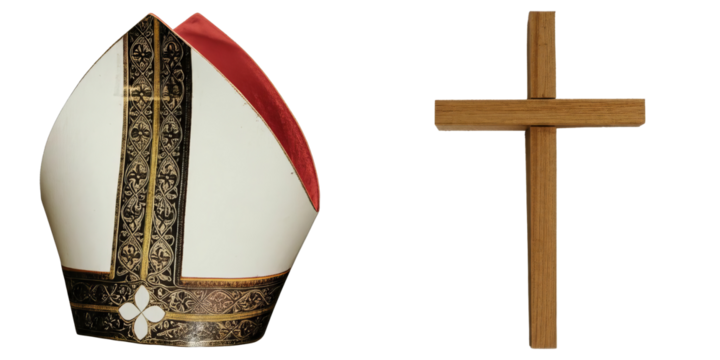 PNG white mitre and a wooden cross stand together on a transparent background.