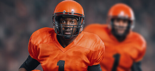 African male football players in action with orange jerseys and helmets on field