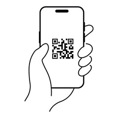 QR code scanning icon in smartphone. QR code icon.  hand holding Mobile phone in line style, barcode scanner. Mobile phone scanning QR code vector illustration.