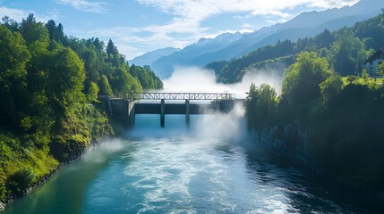 large hydroelectric dam releasing water into a river, surrounded by lush green trees and mountains.