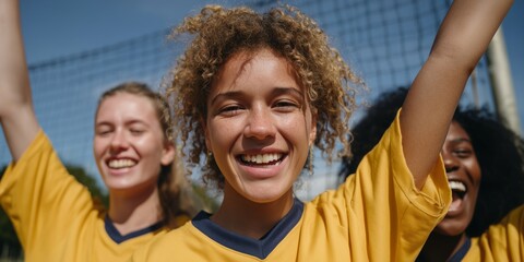 Joyful female soccer team celebrating victory outdoors on sunny day