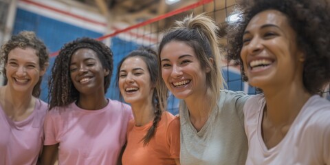 Group of diverse young adult female friends smiling at indoor sports facility