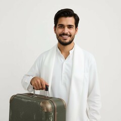 Handsome Man Ready to Depart with Dark Green Suitcase Against White Background White Cloth